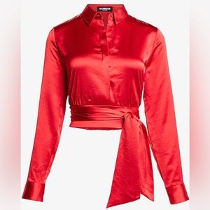 Satin Tie Front Banded Bottom Portofino Shirt